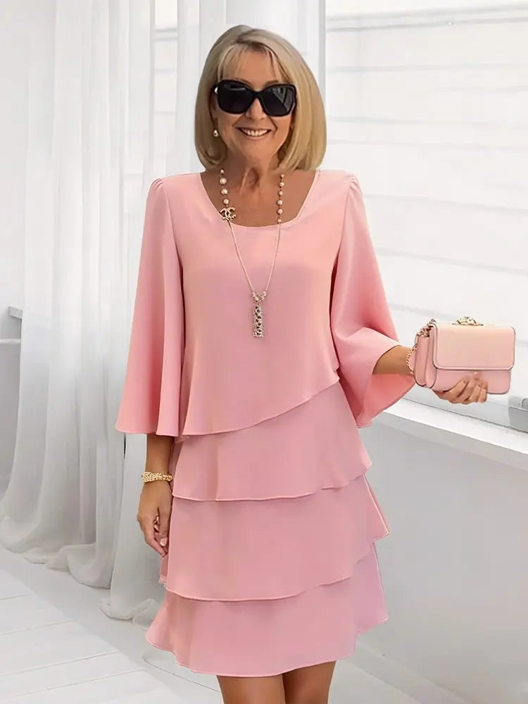 Women's Catherine | Layered Ruffle Round Neck Three-Quarter Sleeve Midi Dress