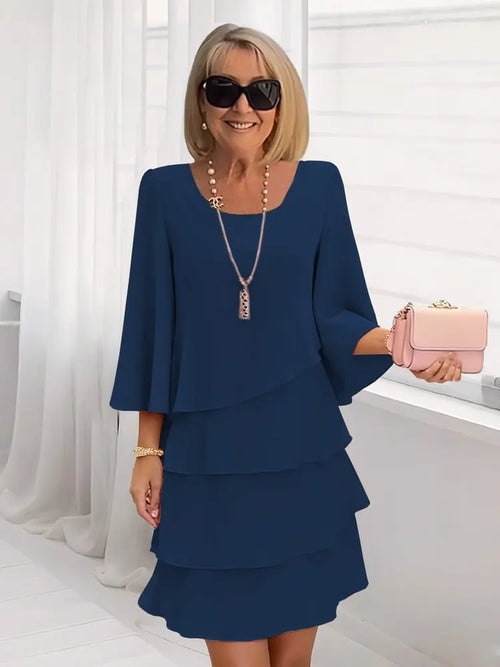Women's Catherine | Layered Ruffle Round Neck Three-Quarter Sleeve Midi Dress