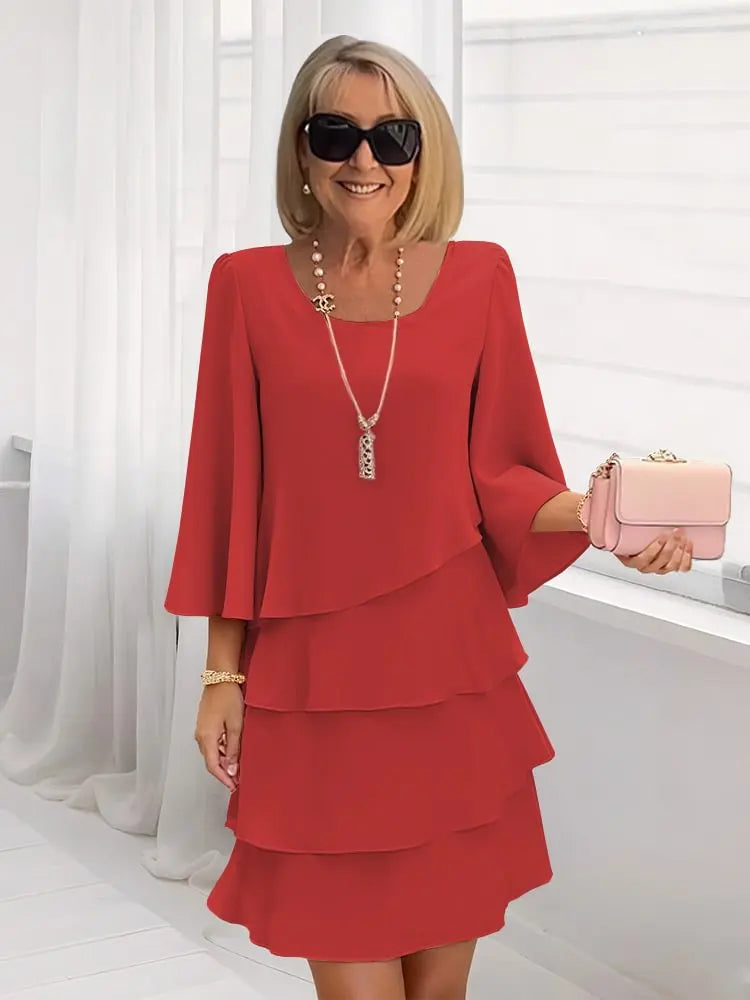 Women's Catherine | Layered Ruffle Round Neck Three-Quarter Sleeve Midi Dress
