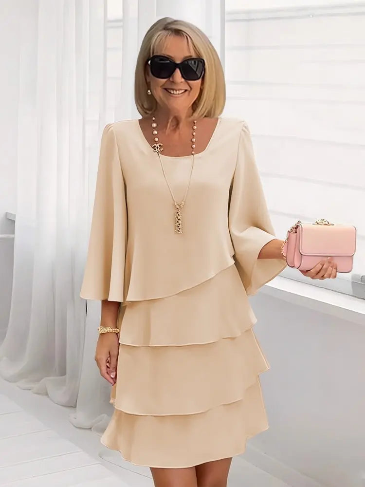 Women's Catherine | Layered Ruffle Round Neck Three-Quarter Sleeve Midi Dress