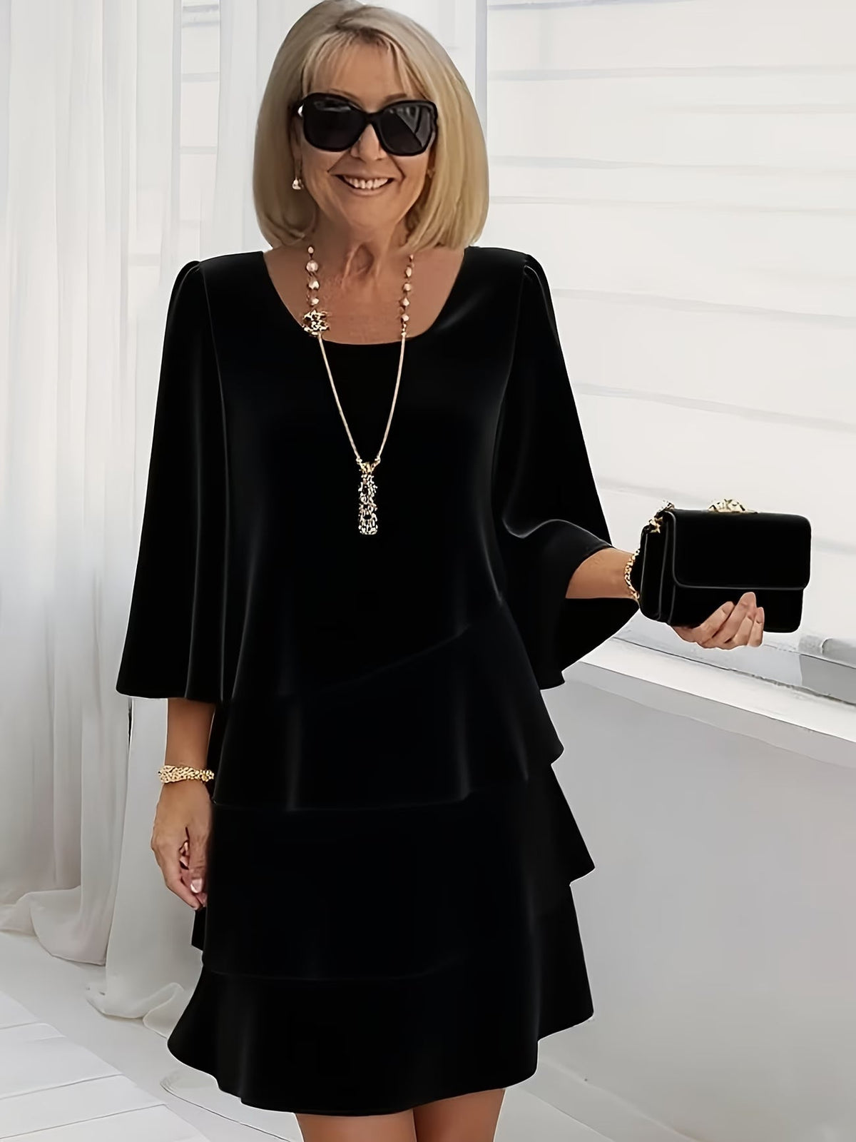 Women's Catherine | Layered Ruffle Round Neck Three-Quarter Sleeve Midi Dress