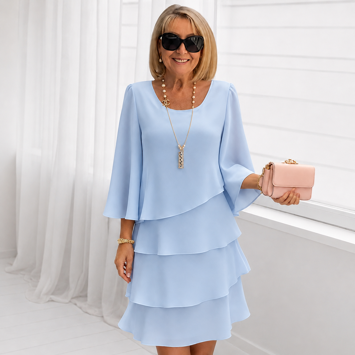 Women's Catherine | Layered Ruffle Round Neck Three-Quarter Sleeve Midi Dress