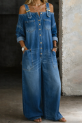 Women's Cold-Shoulder Button-Front Wide-Leg Denim Jumpsuit with Buckle Straps