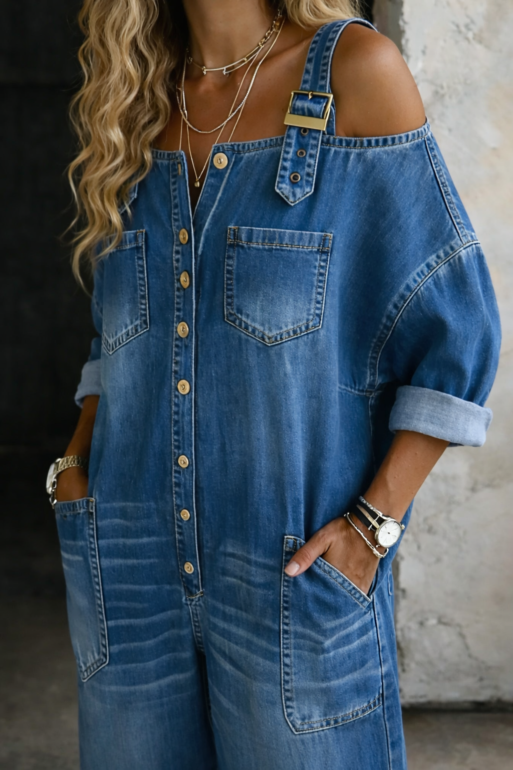 Women's Cold-Shoulder Button-Front Wide-Leg Denim Jumpsuit with Buckle Straps