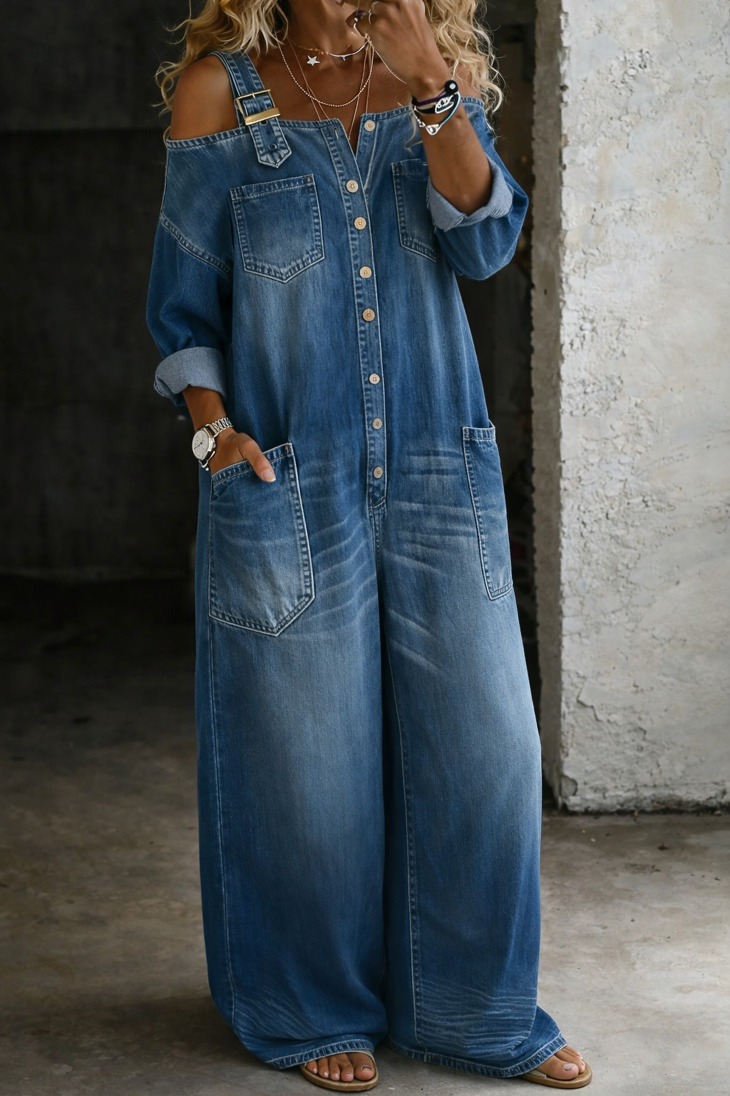 Women's Cold-Shoulder Button-Front Wide-Leg Denim Jumpsuit with Buckle Straps