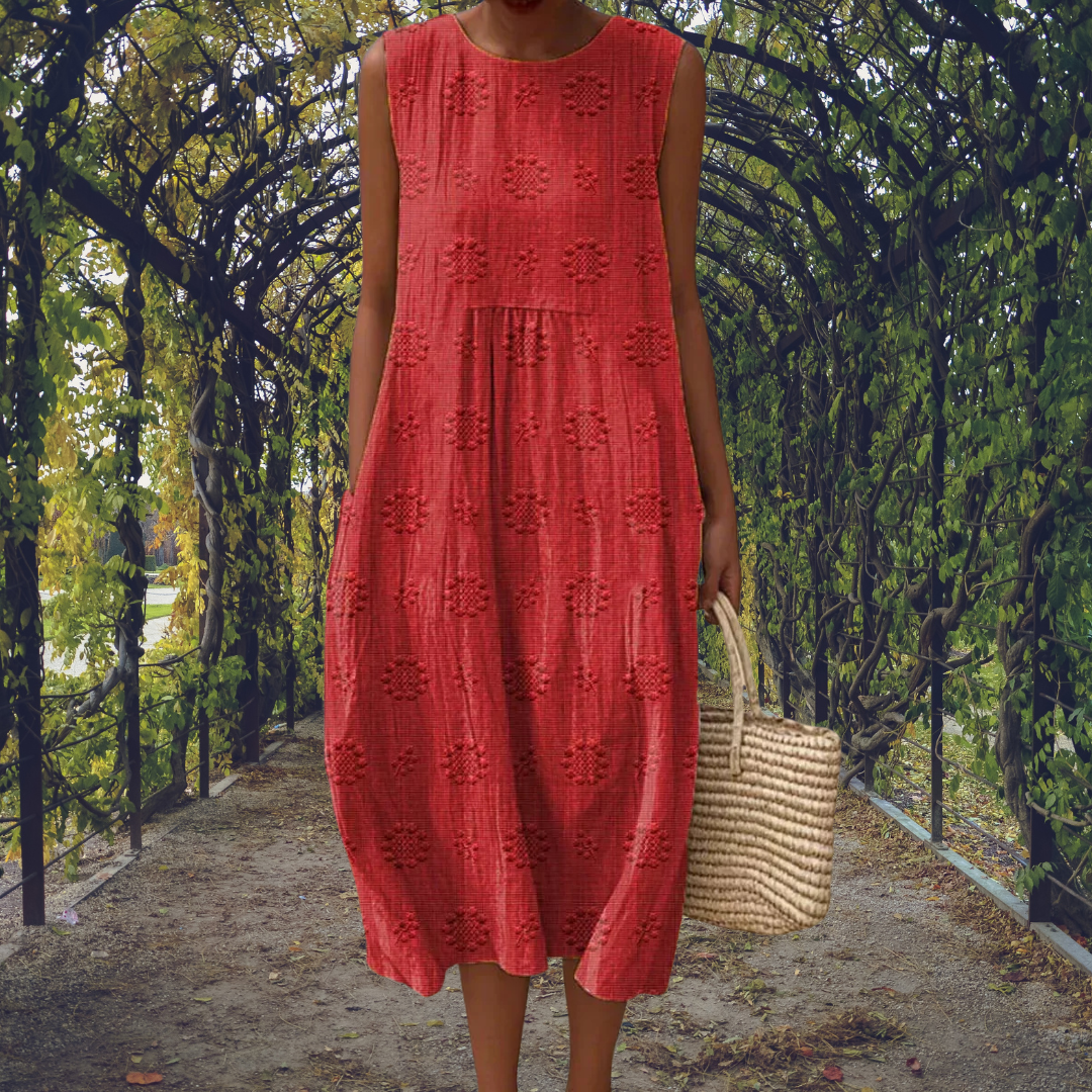 Women's Crinkle Dot-Jacquard Sleeveless Midi Dress