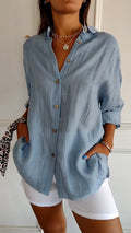 Women's Crinkle Textured Button-Down Long-Sleeve Top