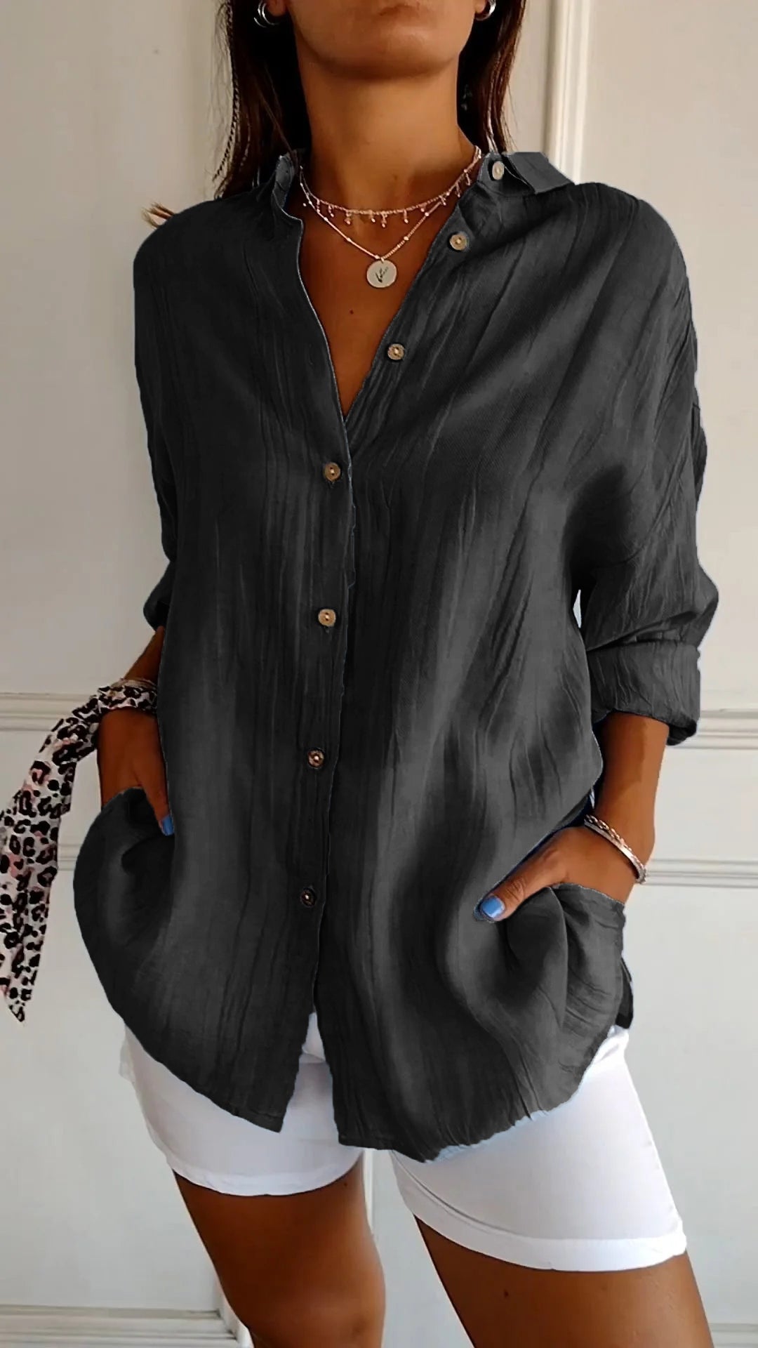 Women's Crinkle Textured Button-Down Long-Sleeve Top
