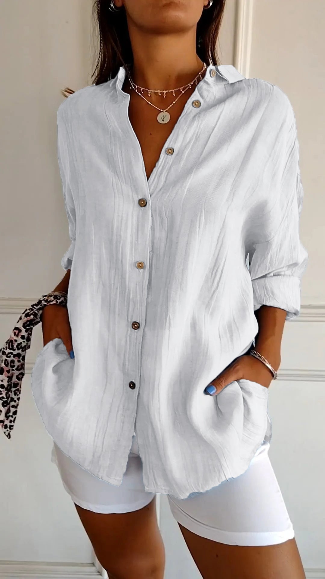 Women's Crinkle Textured Button-Down Long-Sleeve Top
