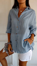 Women's Crinkle Textured Button-Down Long-Sleeve Top