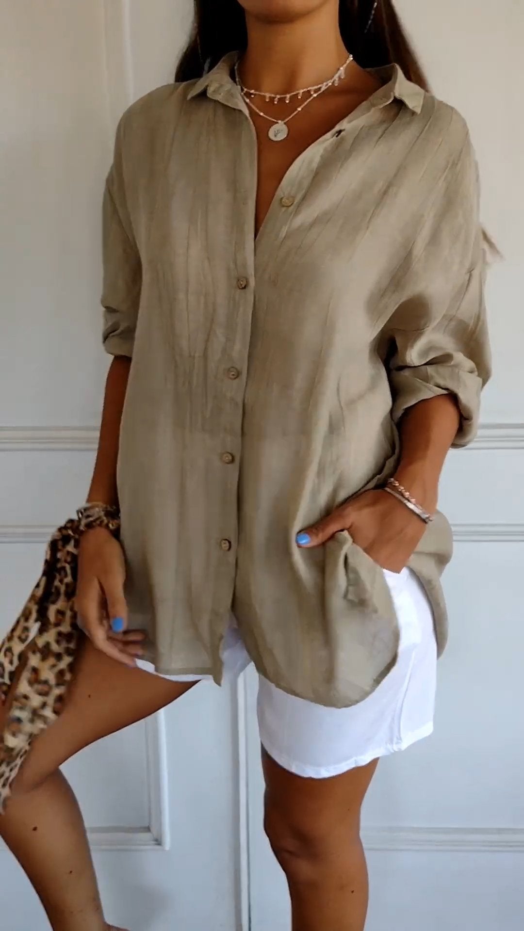 Women's Crinkle Textured Button-Down Long-Sleeve Top