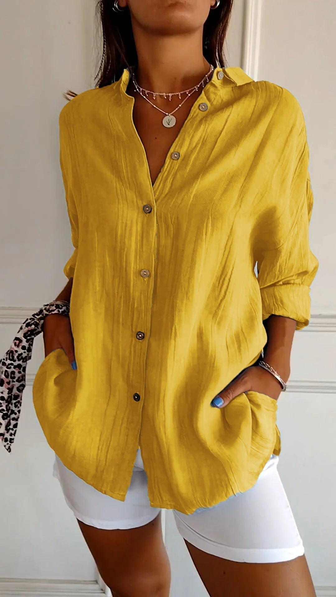 Women's Crinkle Textured Button-Down Long-Sleeve Top