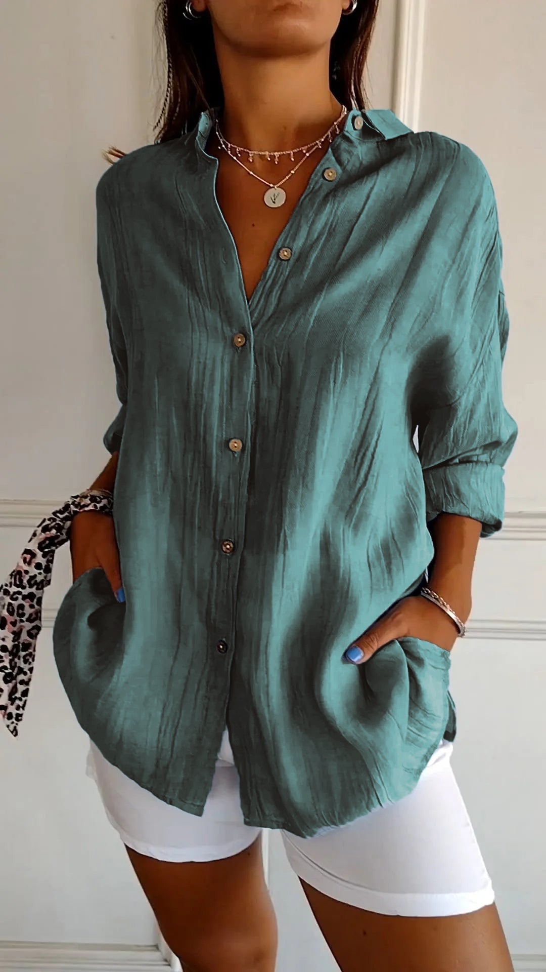 Women's Crinkle Textured Button-Down Long-Sleeve Top