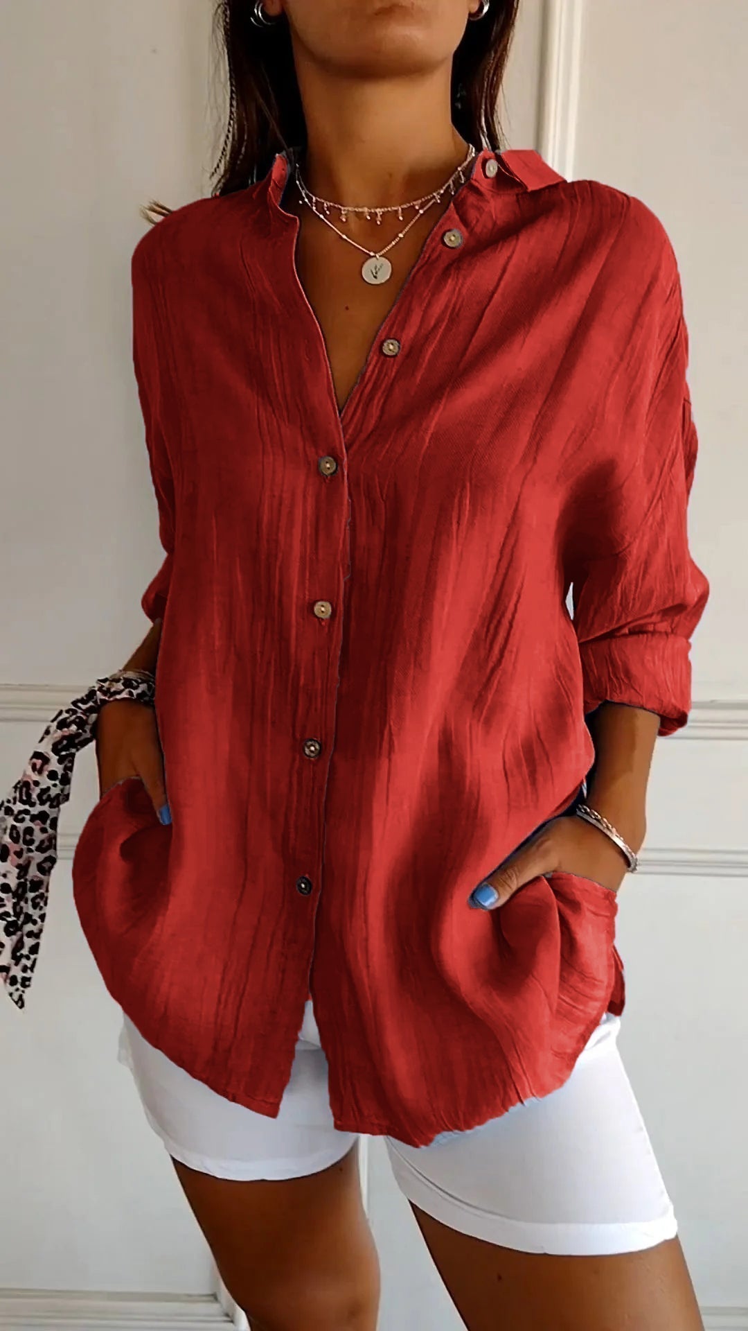 Women's Crinkle Textured Button-Down Long-Sleeve Top