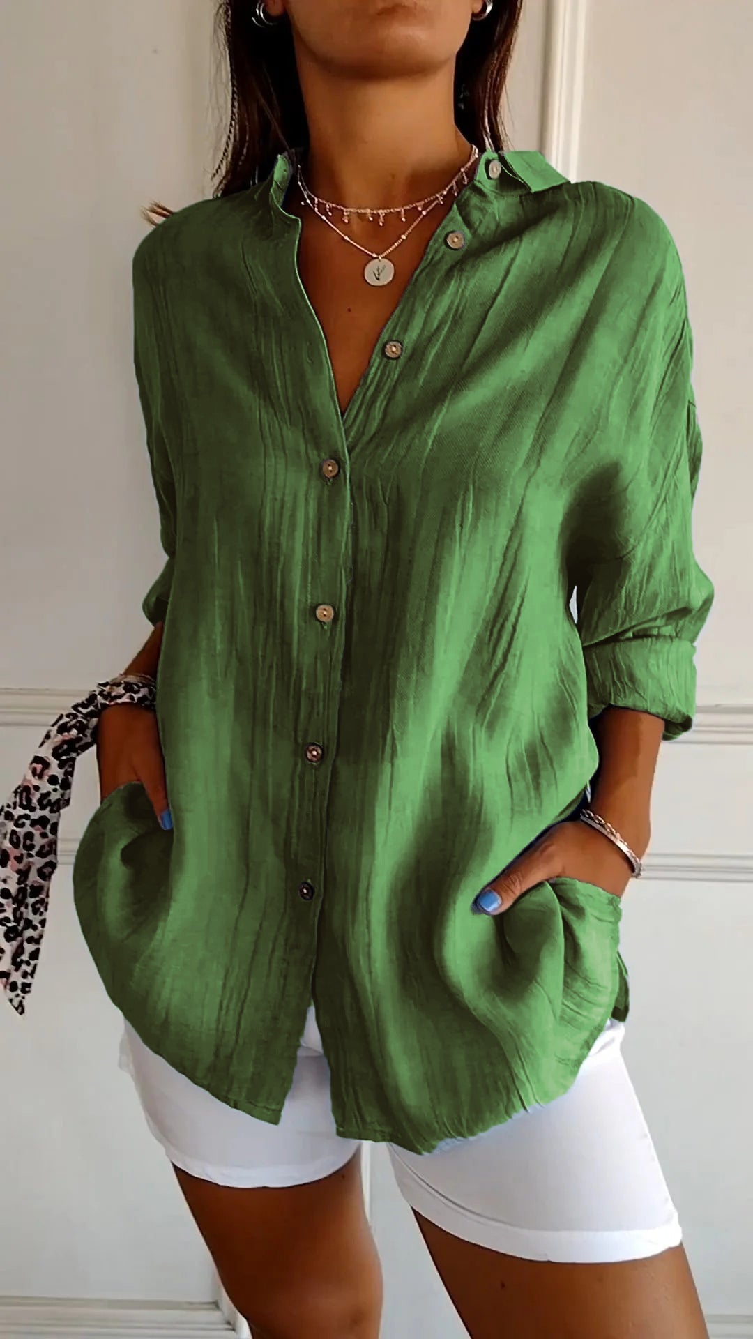 Women's Crinkle Textured Button-Down Long-Sleeve Top