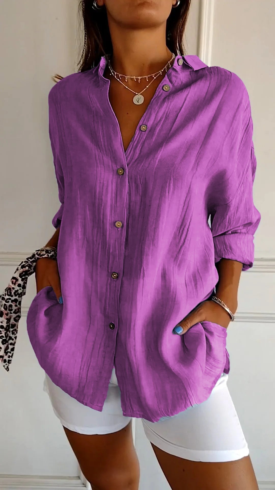 Women's Crinkle Textured Button-Down Long-Sleeve Top