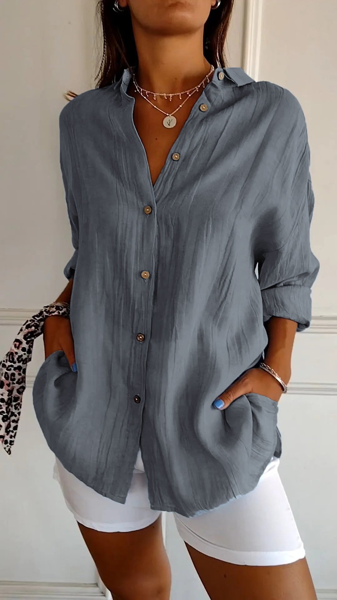 Women's Crinkle Textured Button-Down Long-Sleeve Top