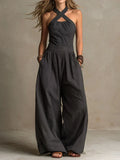 Women's Cross-Over Halter Neck Wide-Leg Jumpsuit with Side Pockets