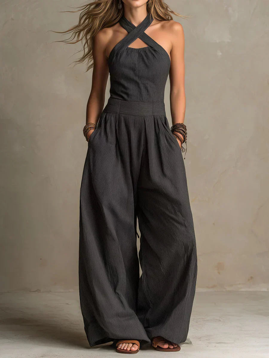 Women's Cross-Over Halter Neck Wide-Leg Jumpsuit with Side Pockets