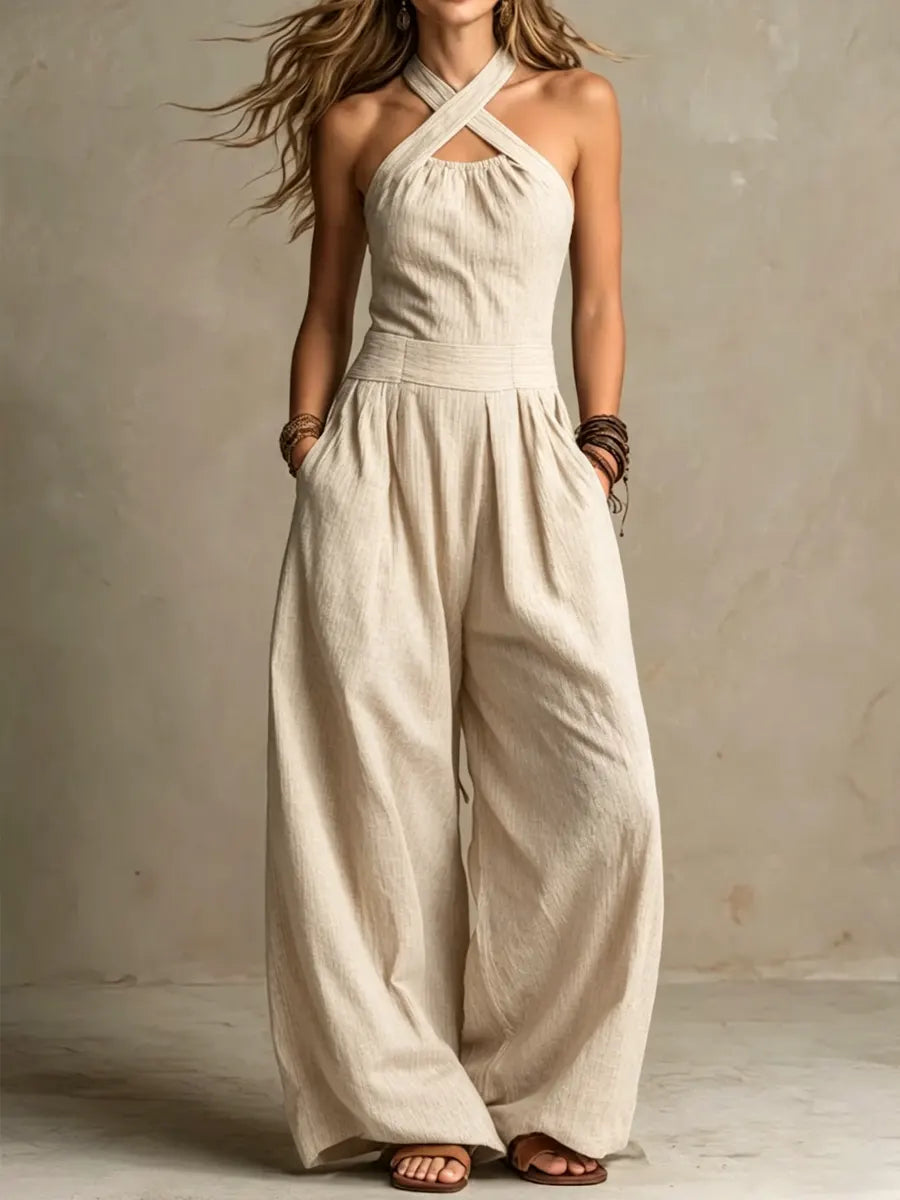 Women's Cross-Over Halter Neck Wide-Leg Jumpsuit with Side Pockets
