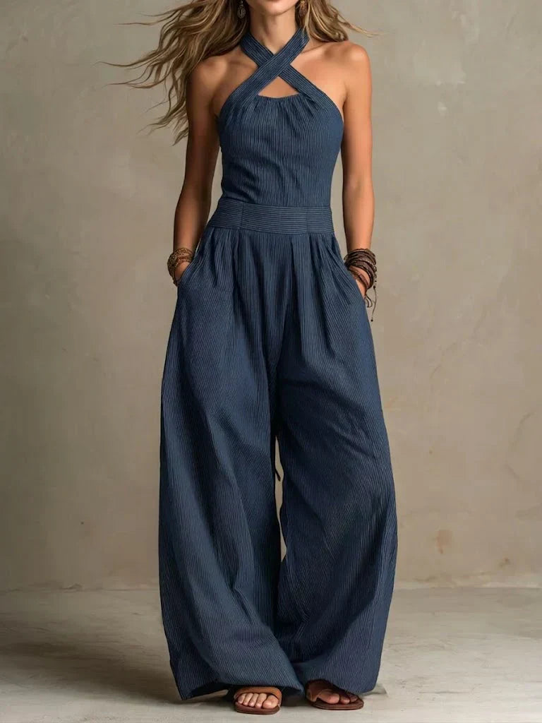 Women's Cross-Over Halter Neck Wide-Leg Jumpsuit with Side Pockets
