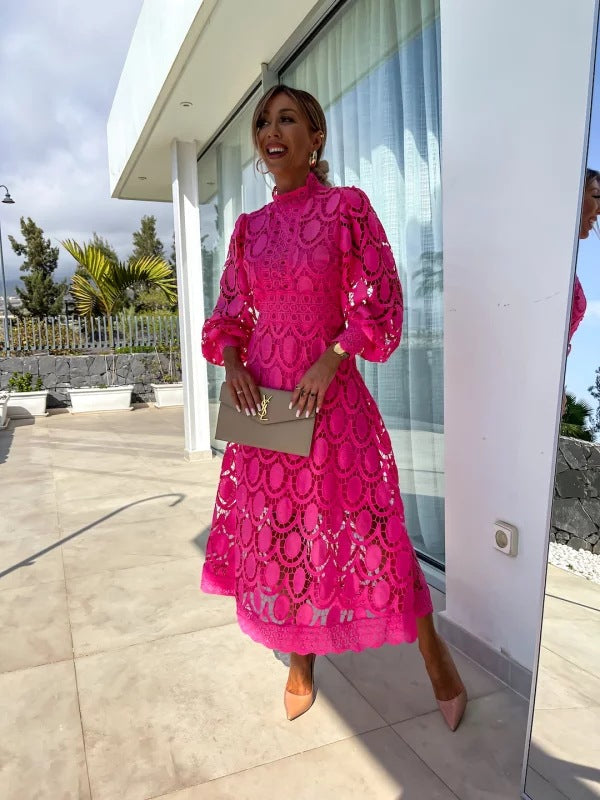 Women's Elara | Mock Neck Lace Midi Dress with Long Sleeves