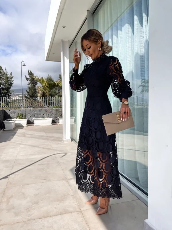 Women's Elara | Mock Neck Lace Midi Dress with Long Sleeves