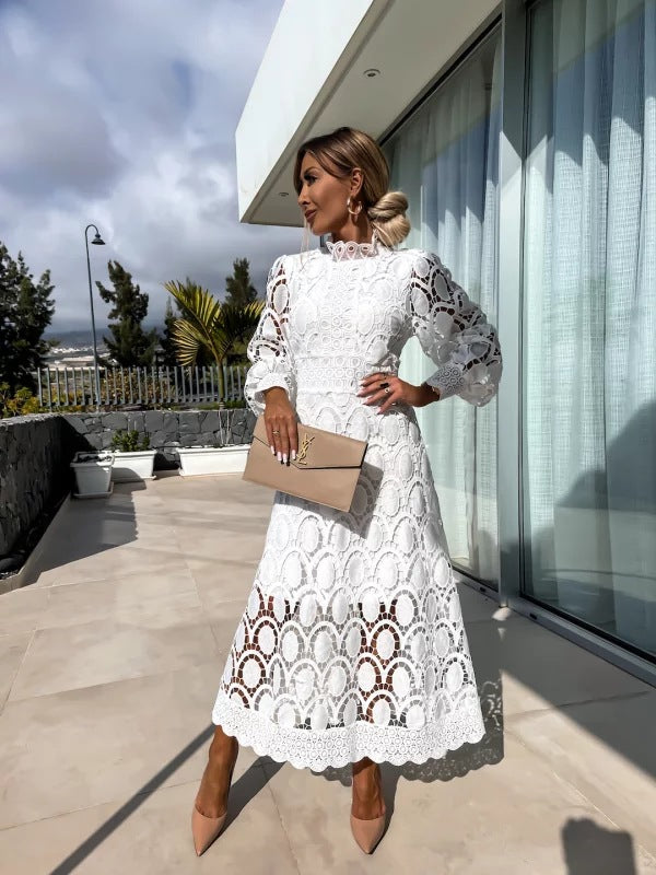 Women's Elara | Mock Neck Lace Midi Dress with Long Sleeves