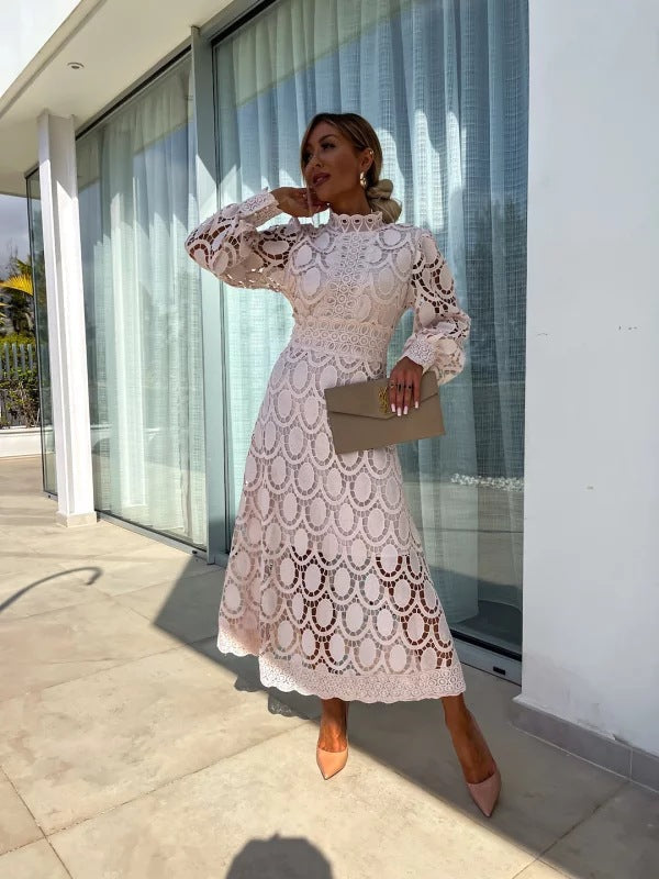 Women's Elara | Mock Neck Lace Midi Dress with Long Sleeves