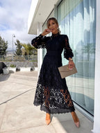 Women's Elara | Mock Neck Lace Midi Dress with Long Sleeves