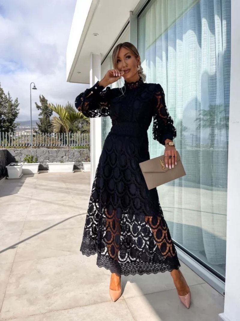 Women's Elara | Mock Neck Lace Midi Dress with Long Sleeves