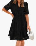 Women's Eyelet Notched V-Neck Tiered Midi Dress