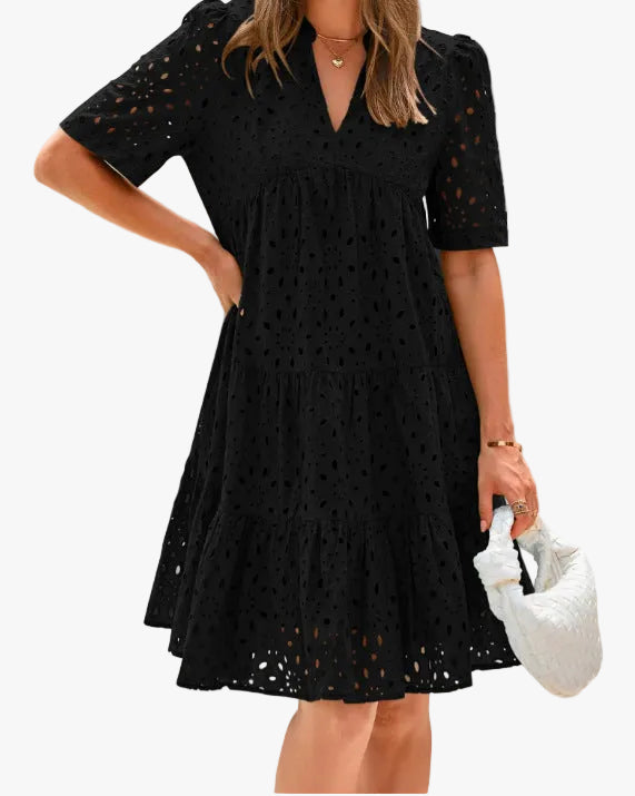 Women's Eyelet Notched V-Neck Tiered Midi Dress