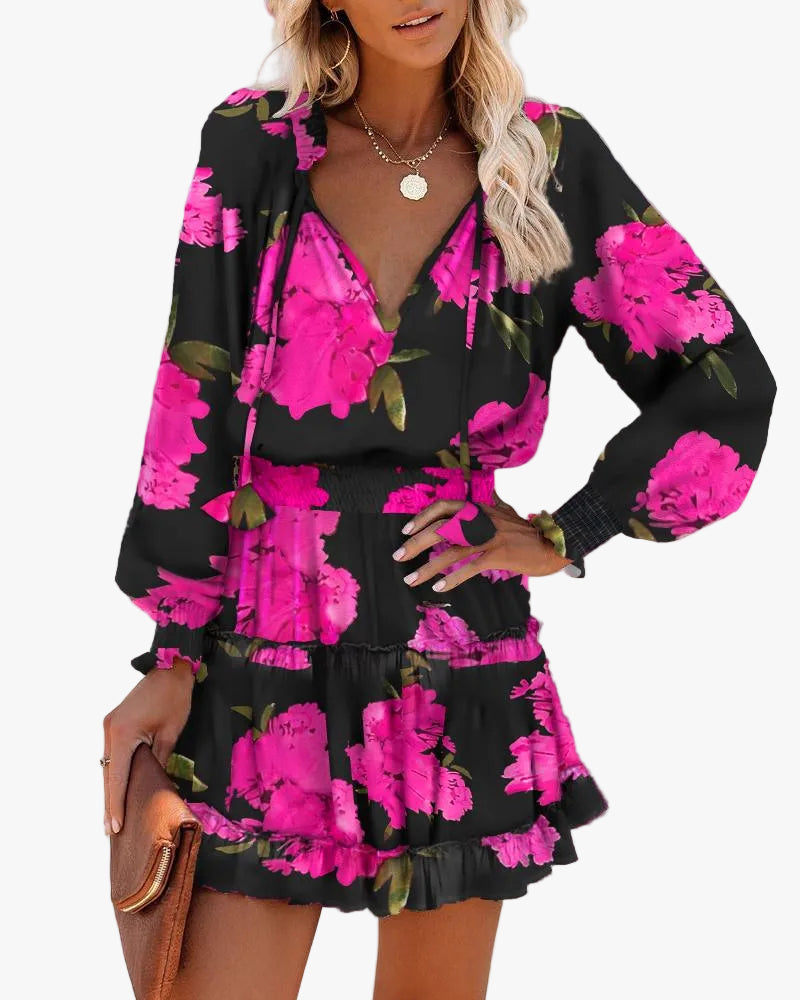 Women's Fern | Neck-Tie V-Neck Tiered Ruffle Mini Dress