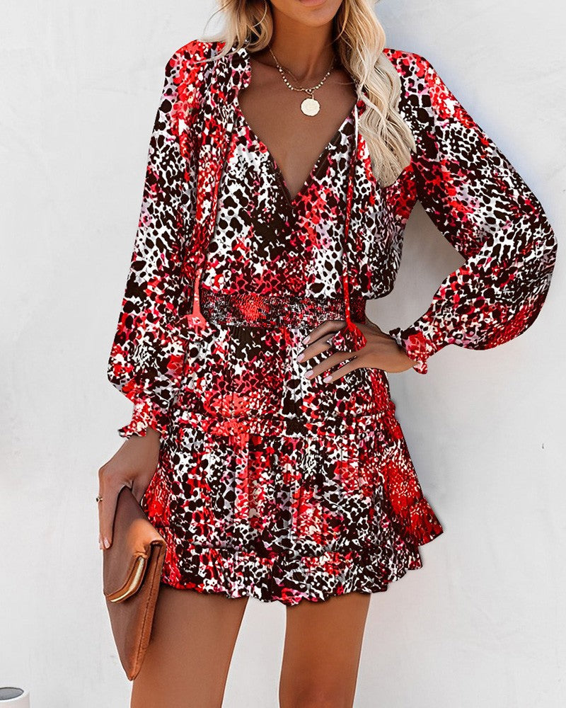 Women's Fern | Neck-Tie V-Neck Tiered Ruffle Mini Dress
