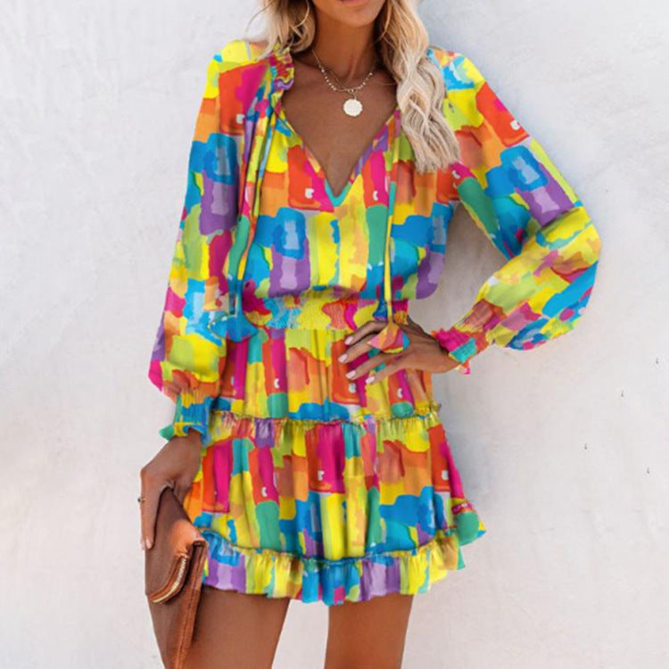 Women's Fern | Neck-Tie V-Neck Tiered Ruffle Mini Dress