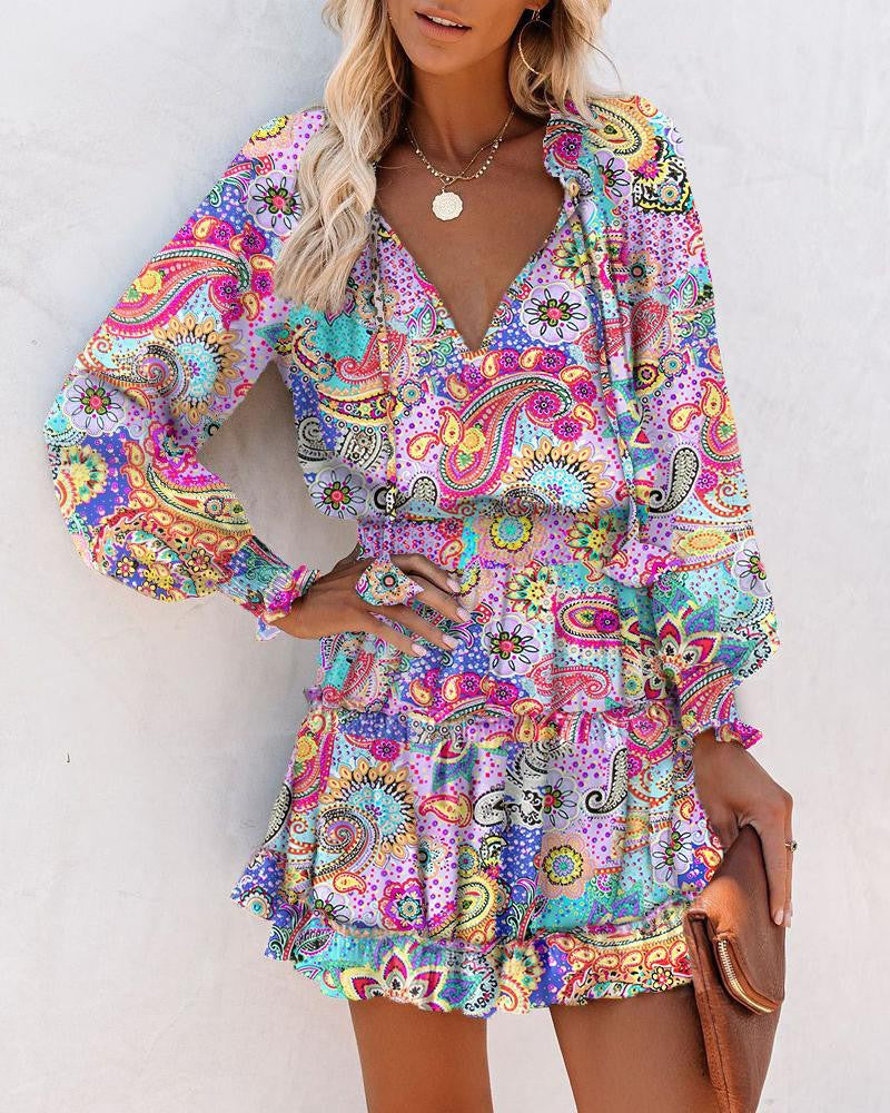 Women's Fern | Neck-Tie V-Neck Tiered Ruffle Mini Dress