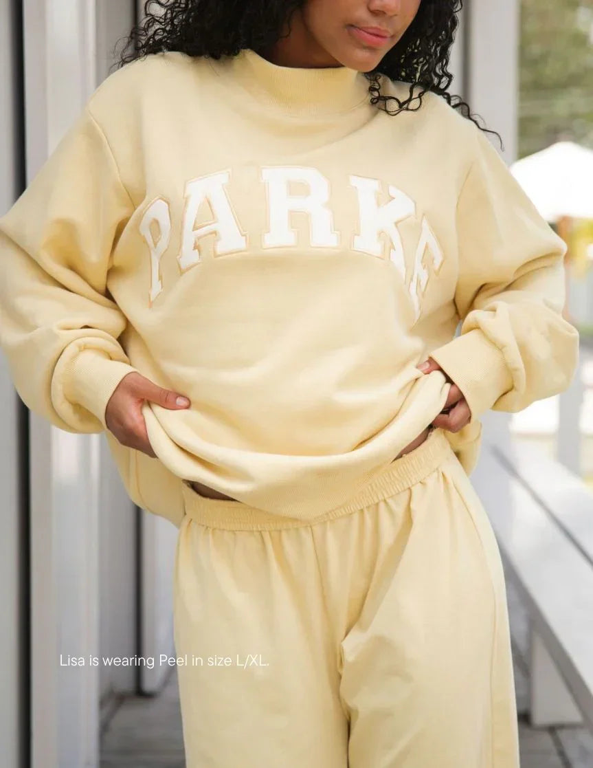 Women's Fleece Crewneck Sweatshirt with Chenille Lettering and Ribbed Trim