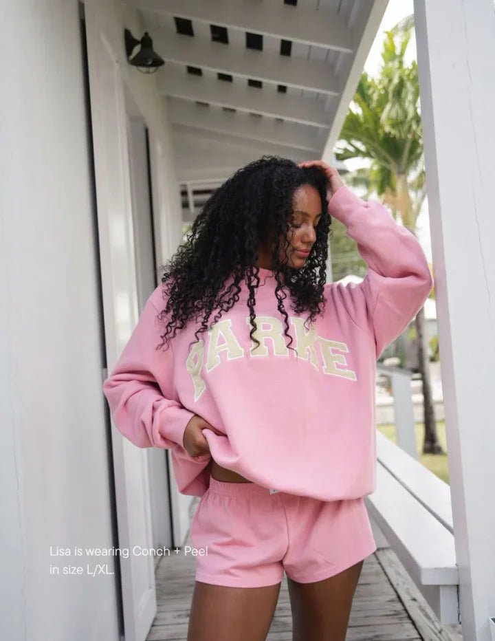 Women's Fleece Crewneck Sweatshirt with Chenille Lettering and Ribbed Trim