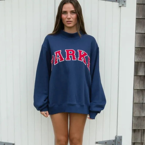 Women's Fleece Crewneck Sweatshirt with Chenille Lettering and Ribbed Trim