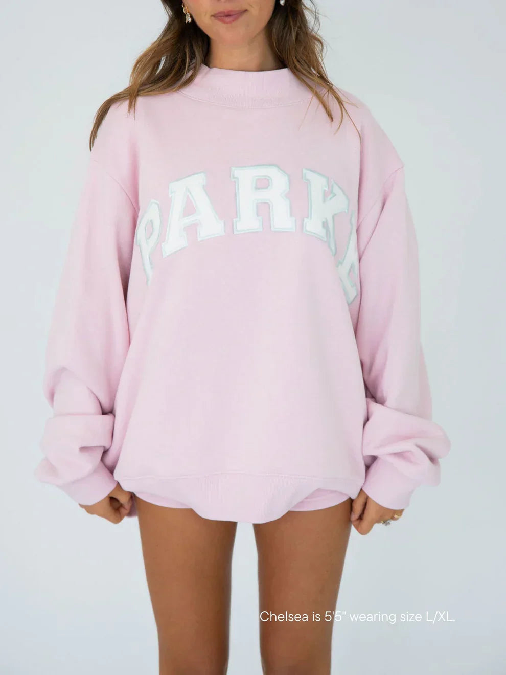 Women's Fleece Crewneck Sweatshirt with Chenille Lettering and Ribbed Trim