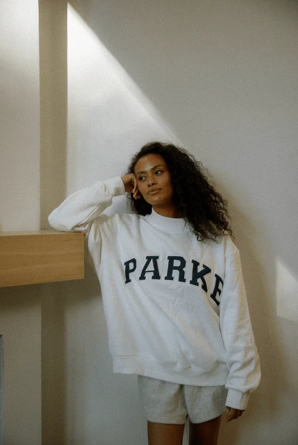 Women's Fleece Crewneck Sweatshirt with Chenille Lettering and Ribbed Trim