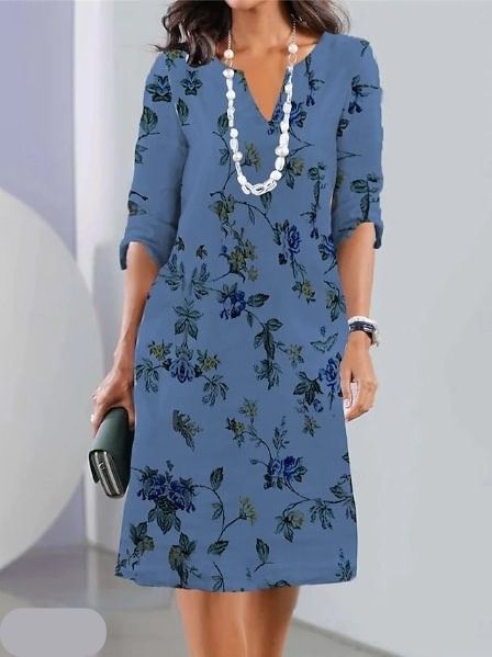 Women's Flora | Floral Print V-Neck Elbow Sleeve A-Line Midi Dress