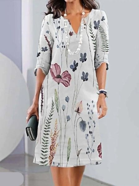 Women's Flora | Floral Print V-Neck Elbow Sleeve A-Line Midi Dress