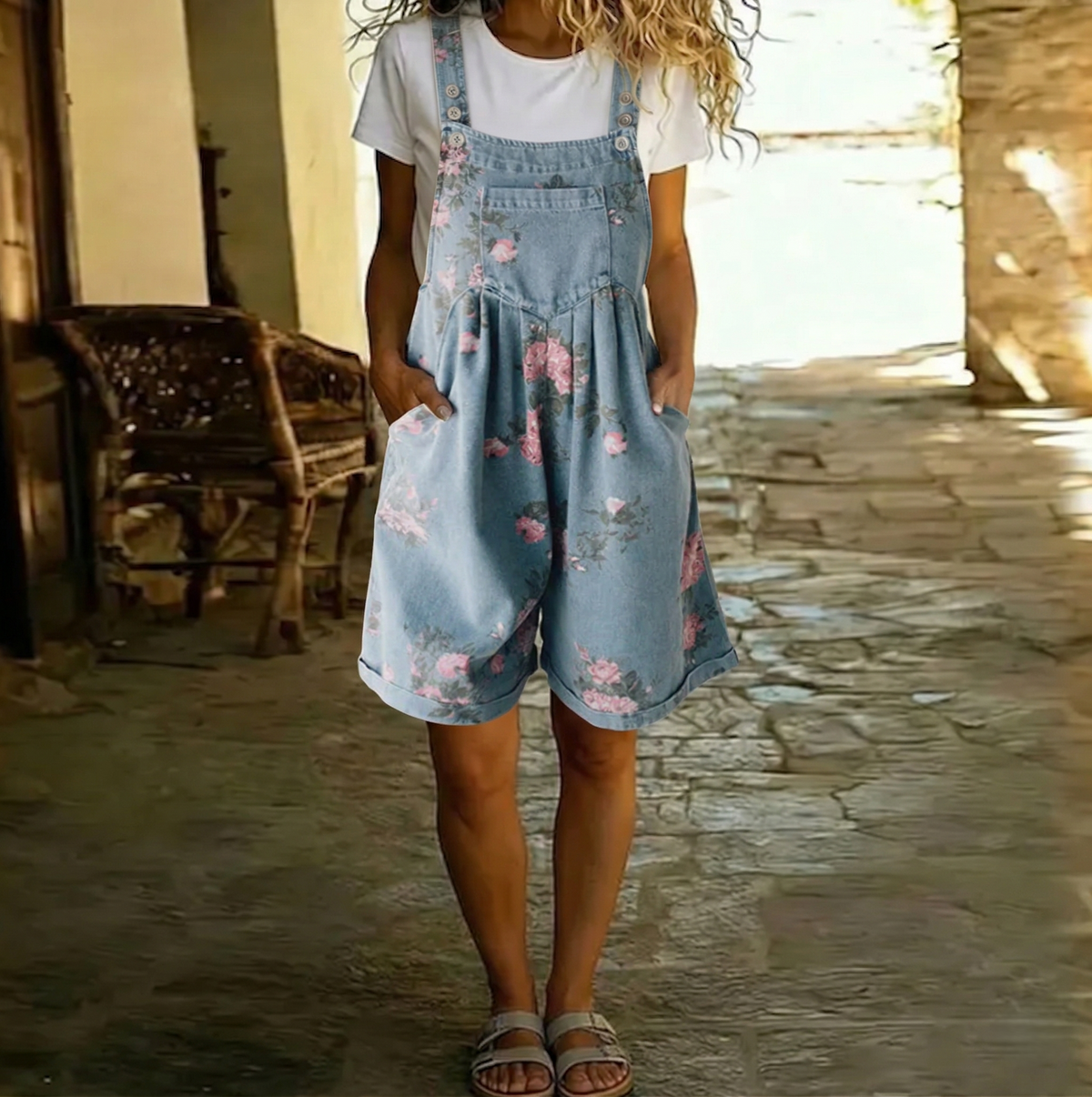 Women's Floral Print Adjustable Strap Short Denim Bib Romper with Side Pockets