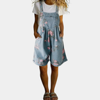 Women's Floral Print Adjustable Strap Short Denim Bib Romper with Side Pockets