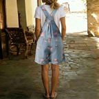 Women's Floral Print Adjustable Strap Short Denim Bib Romper with Side Pockets