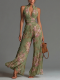Women's Floral Print Deep V-Neck Pleated Wide-Leg Jumpsuit