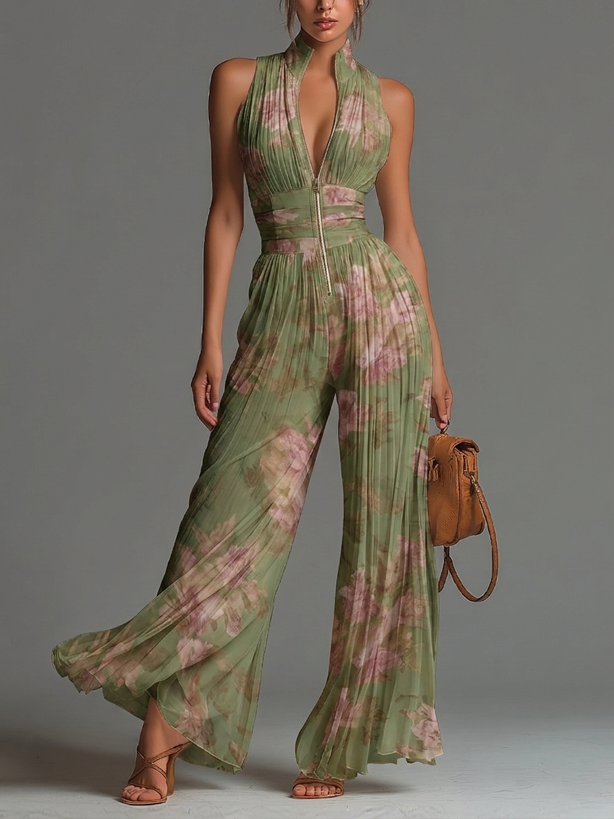 Women's Floral Print Deep V-Neck Pleated Wide-Leg Jumpsuit