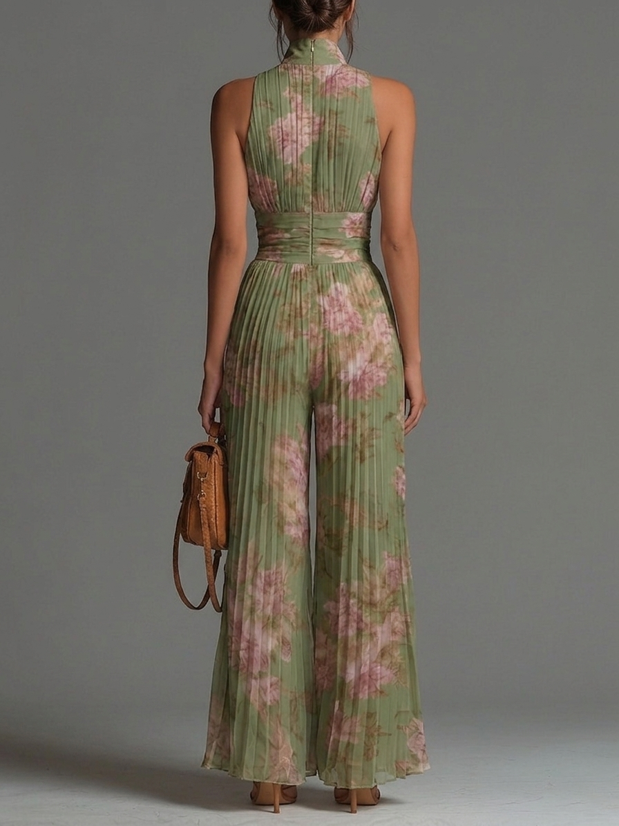 Women's Floral Print Deep V-Neck Pleated Wide-Leg Jumpsuit